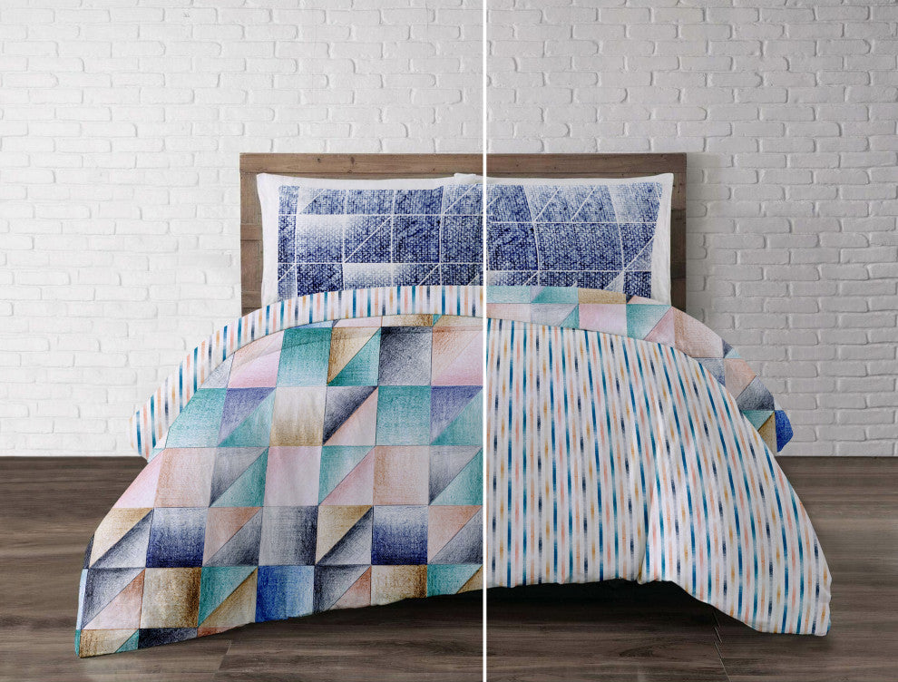 Delara GOTS Organic Cotton Geometric Reversible Print Duvet Cover Set, Queen(88"
