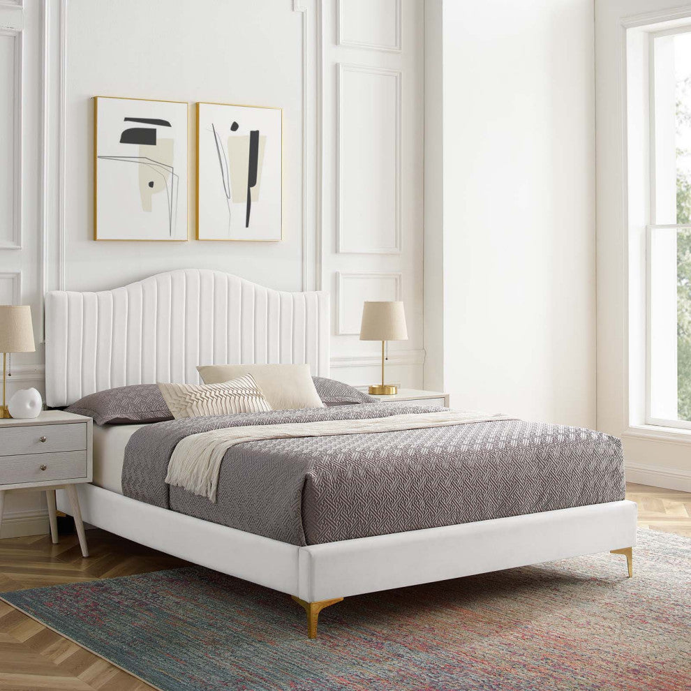 Tufted Platform Bed Frame, Queen Size, Velvet, White, Modern Contemporary