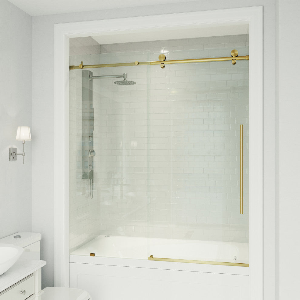 VIGO Elan E-Class 56" to 60" W x 66" H Frameless Sliding Tub Door, Matte Gold, Clear Glass