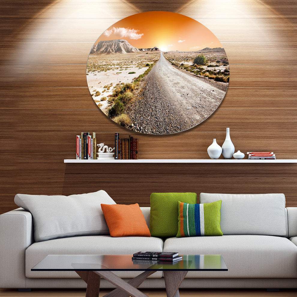 Sunset Desert With Pebble Road, Landscape Round Wall Art, 36"