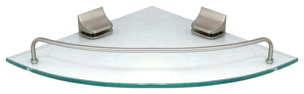 MODONA's 9.5" Glass Corner Shelf With Rail, Satin Nickel