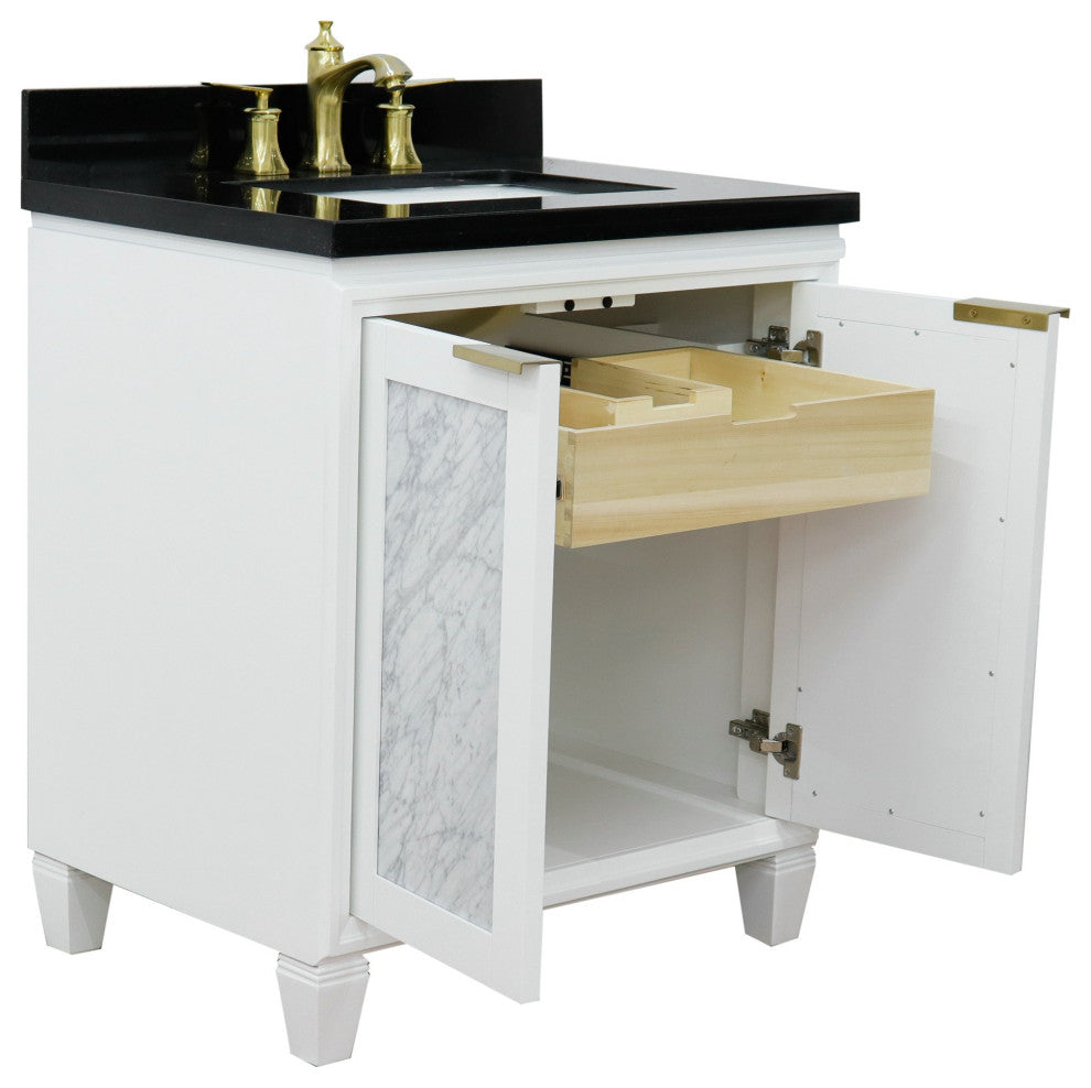 31" Single Sink Vanity, White Finish With Black Galaxy Granite