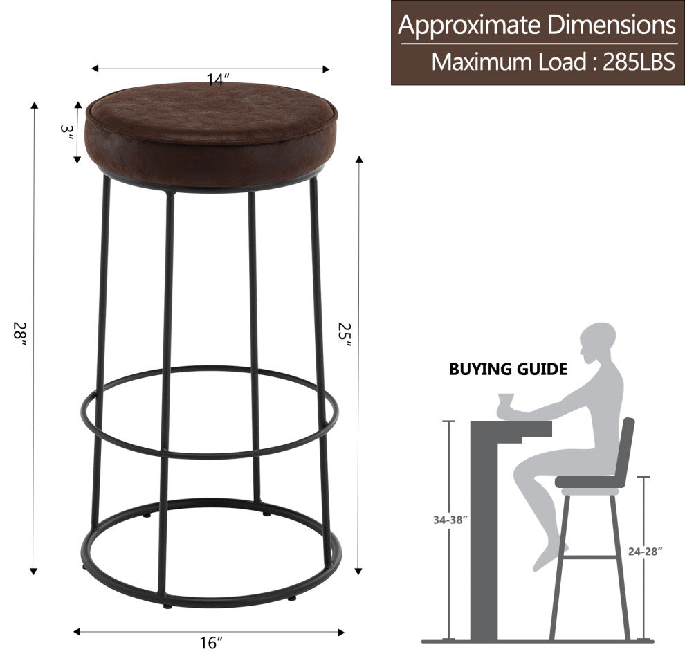 Set of 2 Round Circular Base Leathaire Bar Stools, Dark Brown