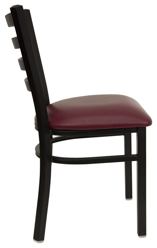 Black Ladder Back Metal Restaurant Chair, Burgundy Vinyl Seat