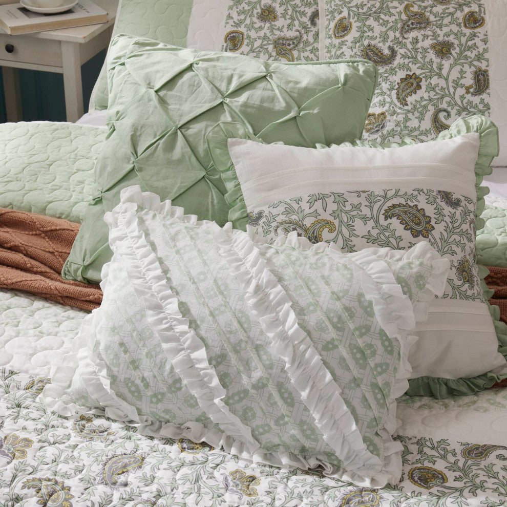 Madison Park Dawn 6 Piece Cotton Percale Quilt Set with Throw Pillows, Sage Green, Full/Queen