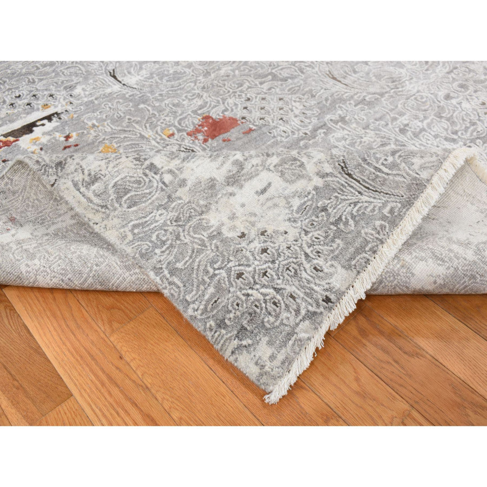 Gray, Hand Knotted, Modern Broken Design Wool and Silk Rug, 8'9"x11'10"