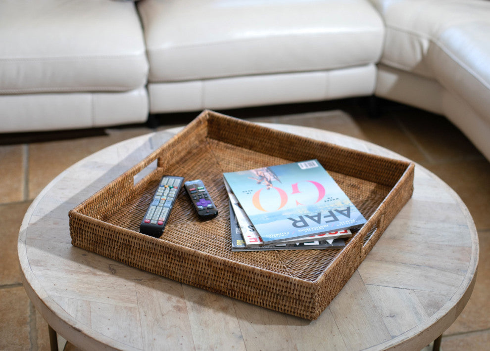 Artifacts Rattan™ Square Ottoman Tray with Cutout Handles, Honey Brown, 20"x20"