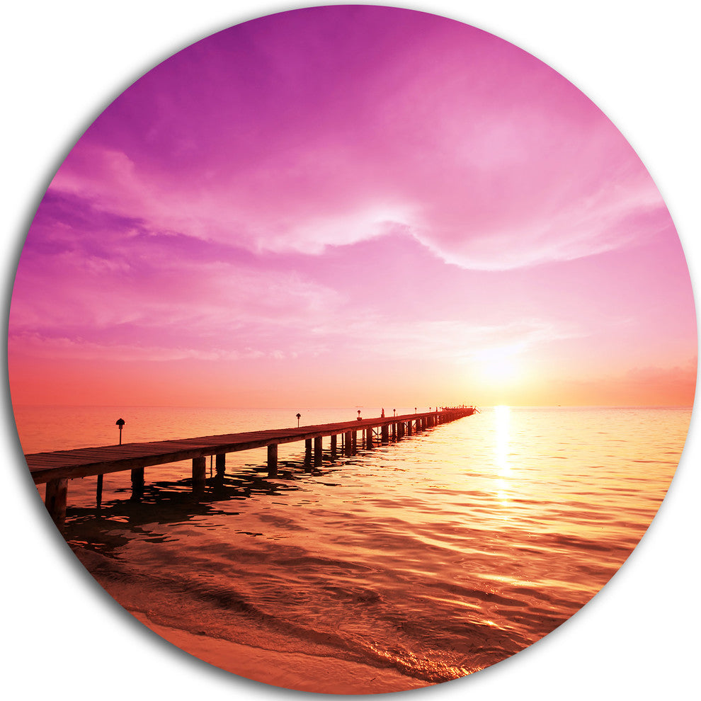 Brown Sea And Pier Under Magenta Sky, Sea Bridge Round Wall Art, 36"