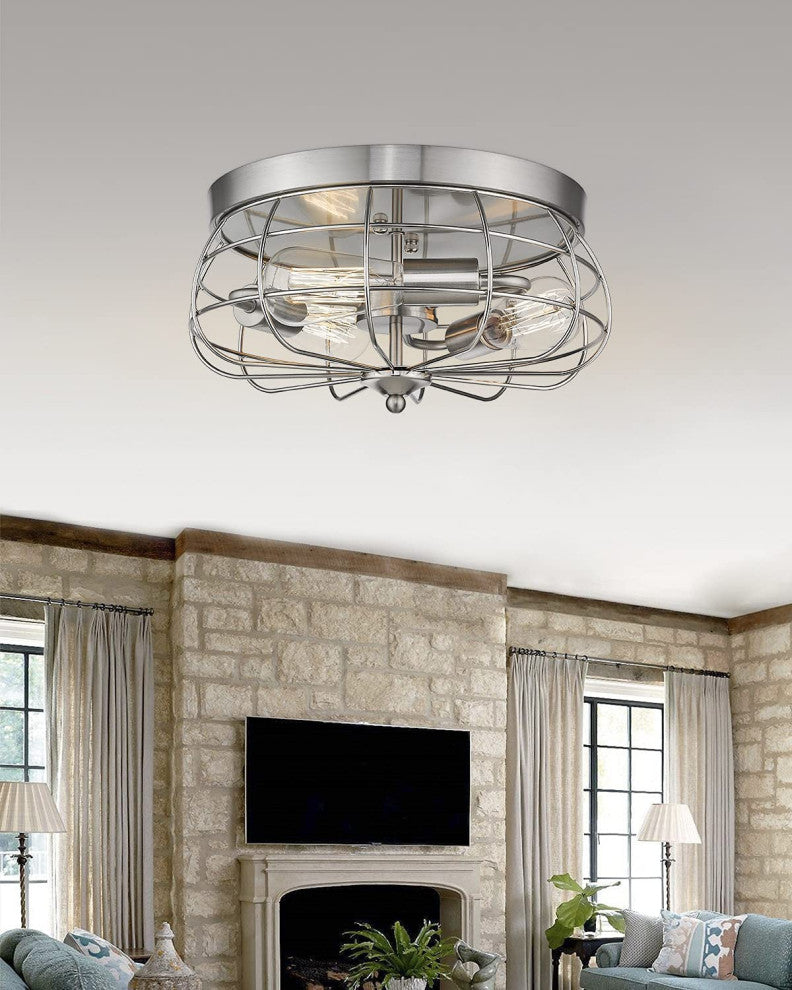 3 Light Flush Mount Ceiling Light, Cage, Ceiling Light, Nickel Finish
