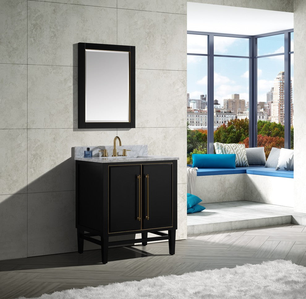 Mason 31" Vanity Combo, Black, Matte Gold Hardware / Natural 1" Carrara White Marble Countertop and Backsplash