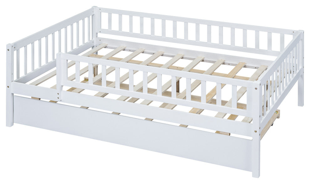 Gewnee Wood Full Size Daybed with Trundle and Fence in White