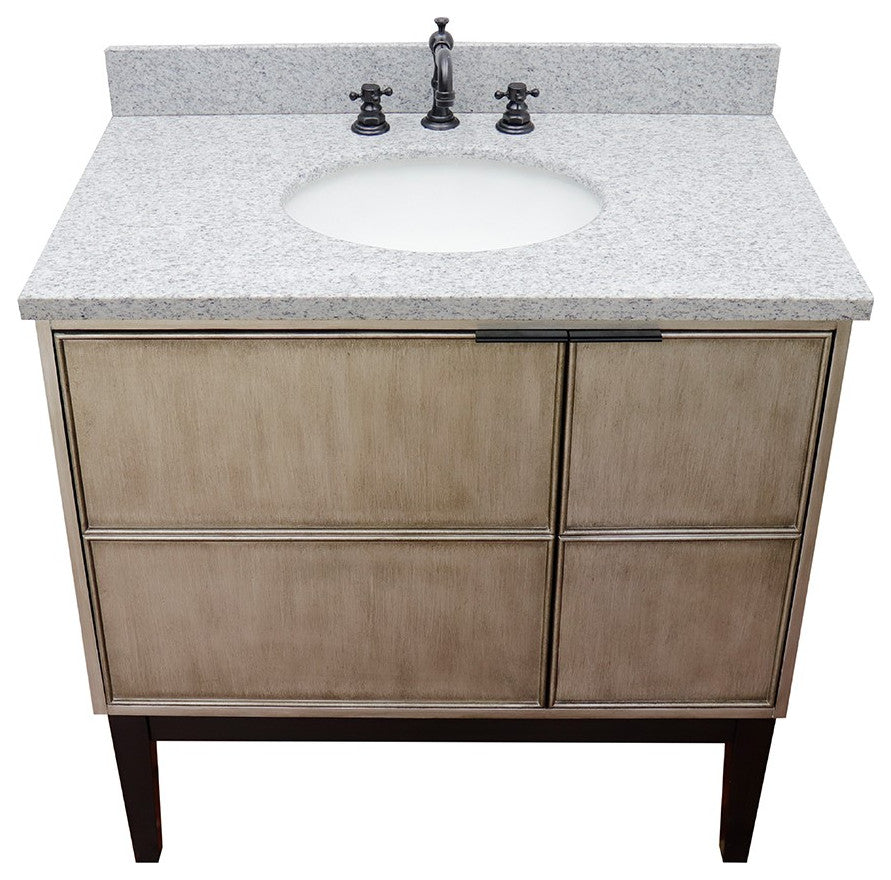 37" Single Vanity, Linen Brown Finish With Gray Granite Top And Oval Sink