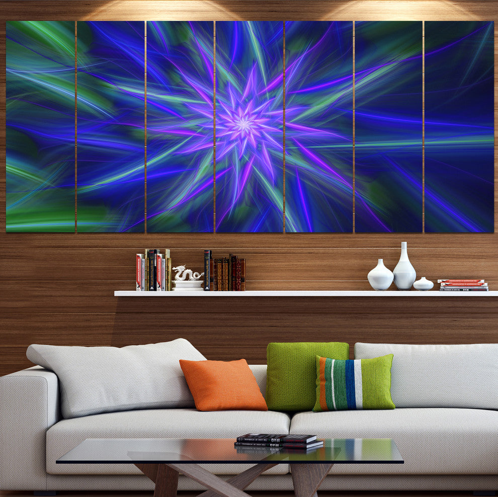 Shining Blue Exotic Fractal Flower, Floral Canvas Art Print, 83"x32", 7 Panels
