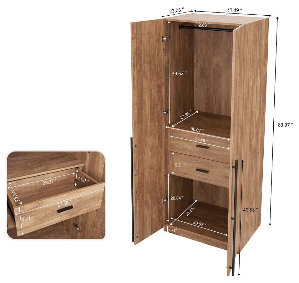 Lee Modern 2-Piece Wardrobe With 1 Rod, 4 Drawers & 5 Shelves, Golden Brown