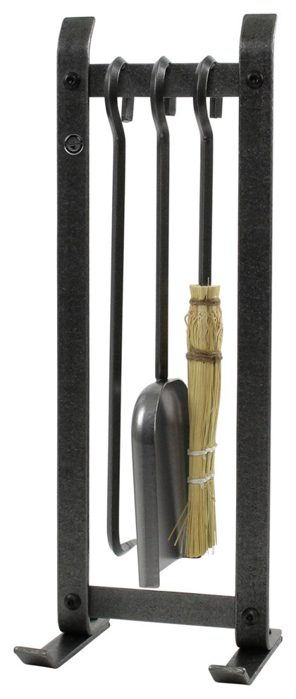 Handcrafted Country Home Fireplace Tool Set w Base & 3 Tools Hammered Steel