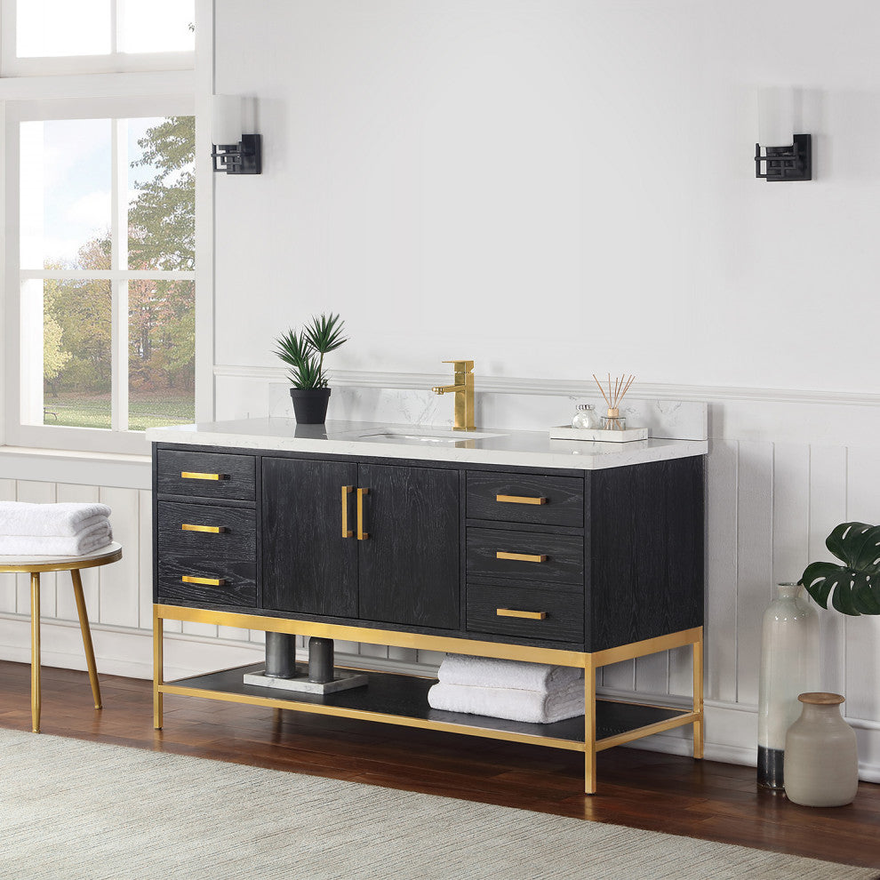 Wildy Black Oak Bathroom Vanity Set, 60s", Without Mirror