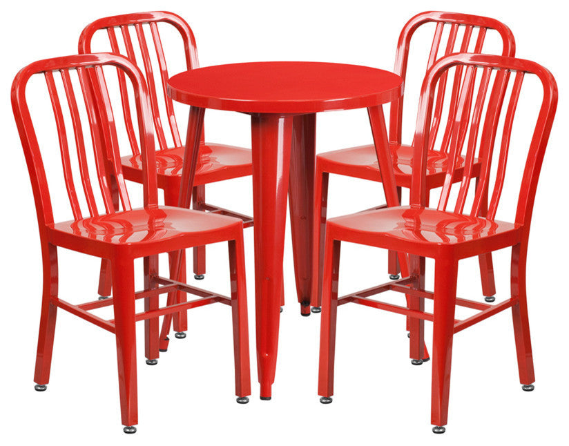 24'' Round Red Metal Indoor-Outdoor Table Set With 4 Vertical Slat Back Chairs