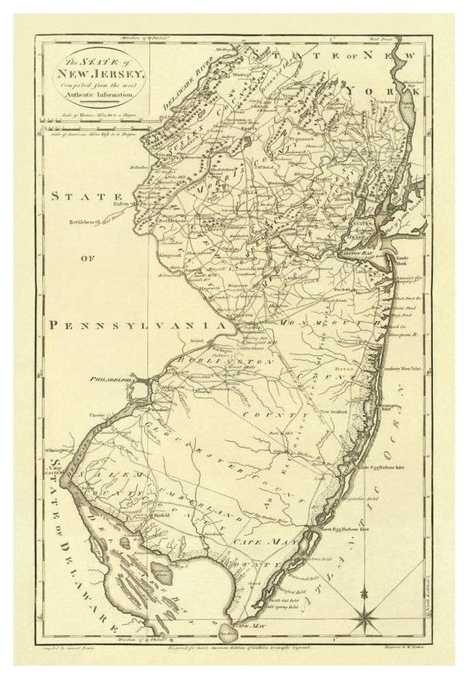 "State of New Jersey, 1795" Digital Paper Print by Mathew Carey, 32"x46"
