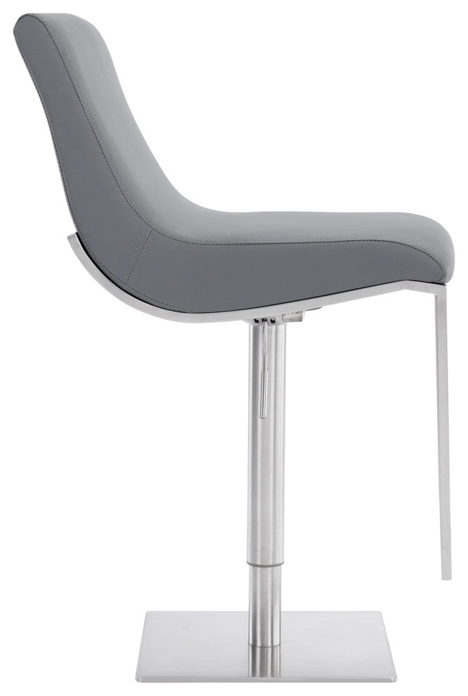 Wezen Swivel Barstool, Gray Faux Leather, Brushed Stainless Steel