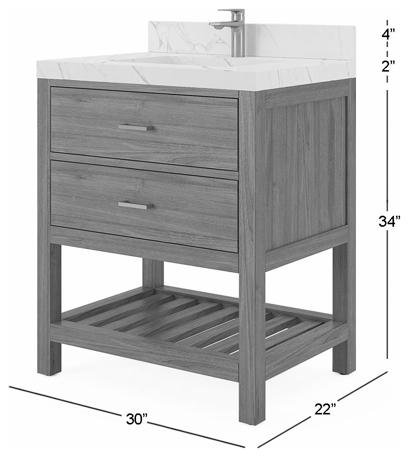 Parker Teak 30" Single Sink Bath Vanity in Dark Walnut 1.5" White Quartz