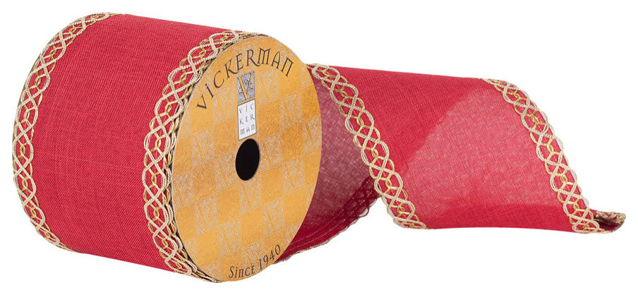 Vickerman Q181348 3.75"X10 Yard Red Dupion Gold Swirl Edge Christmas Ribbon