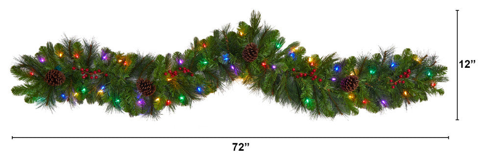 6' Colorado Fir Faux Xmas Garland W/Multicolored LED Lights, Berries & Pinecones