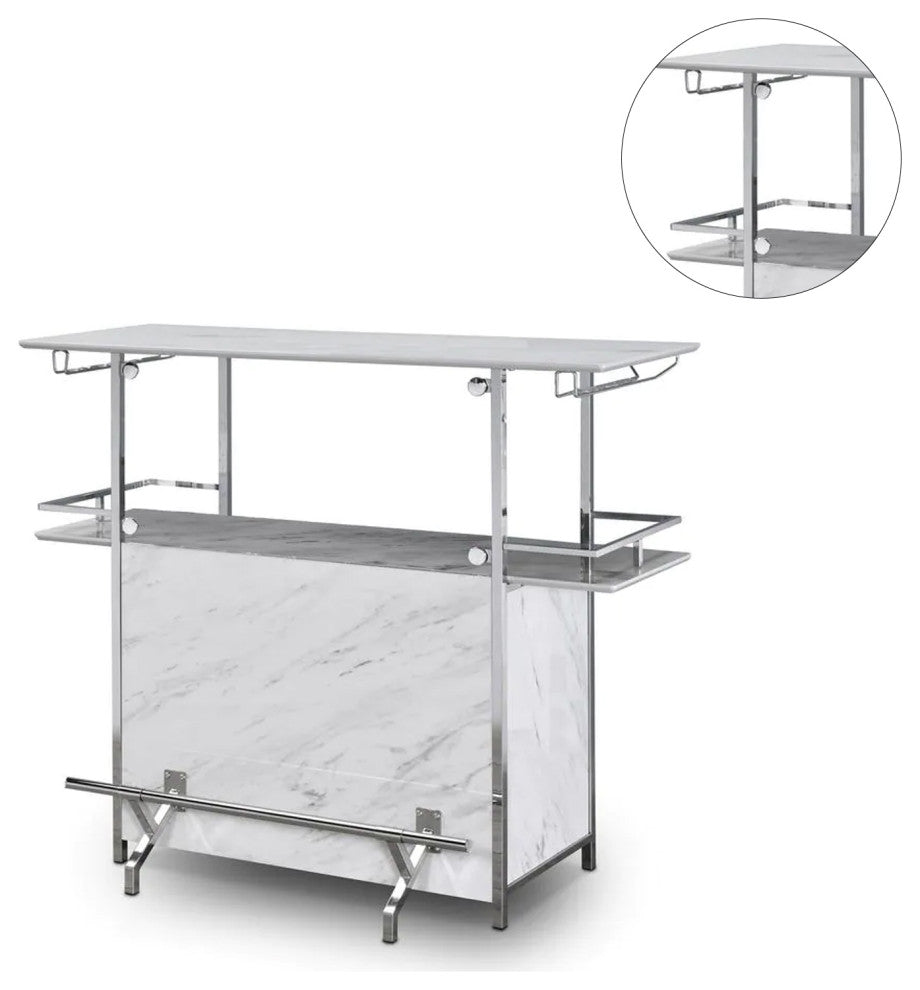 Faux Marble Bar Table With Glass Holder, White and Chrome
