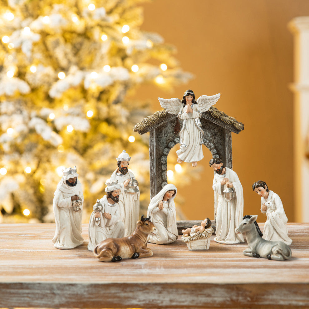 11-Piece Ivory Resin Nativity Figurine Set