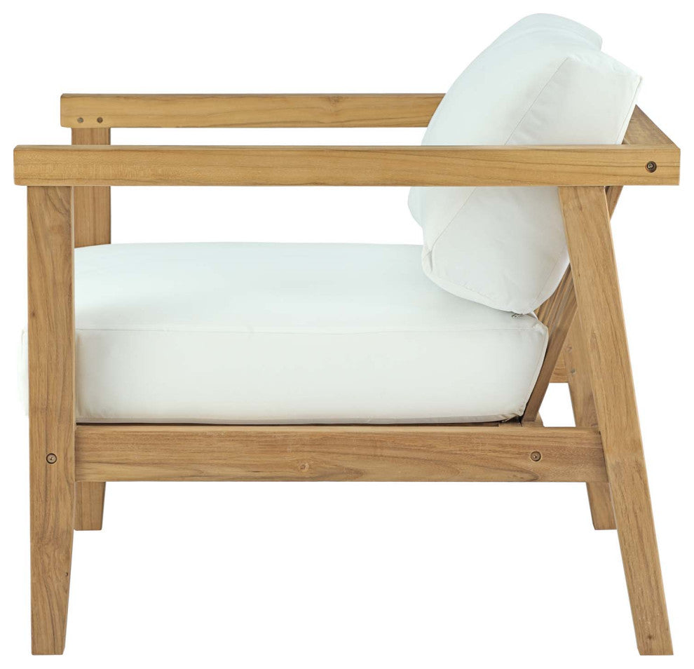 Sectional Sofa Chair Table Set, White Natural, Teak Wood, Modern, Outdoor Patio