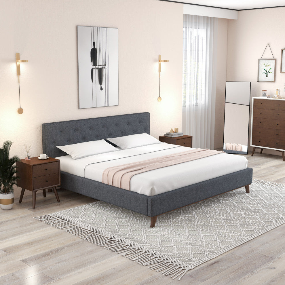 Ashton Mid-Century Modern Solid Wood Tufted Dark Grey Fabric Platform Bed, King