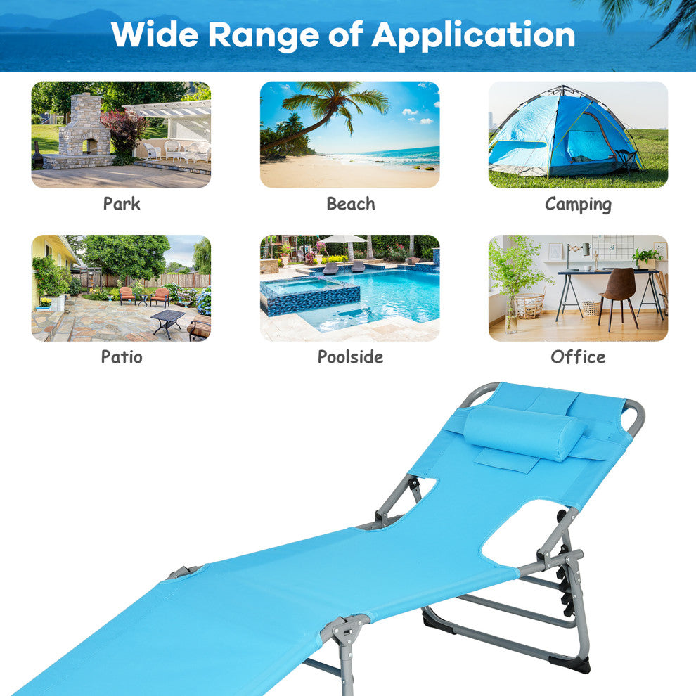 Goplus Outdoor Beach Lounge Chair Folding Chaise Lounge with Pillow Turquoise