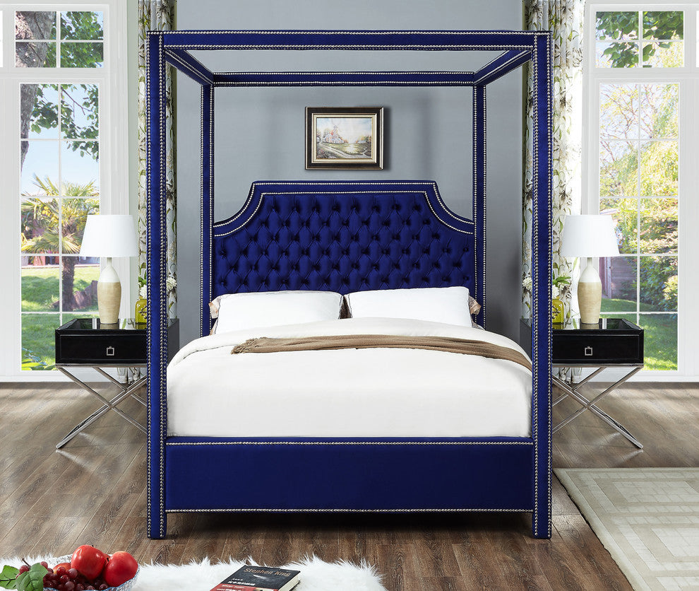 Rowan Velvet Upholstered Bed, Navy, Queen