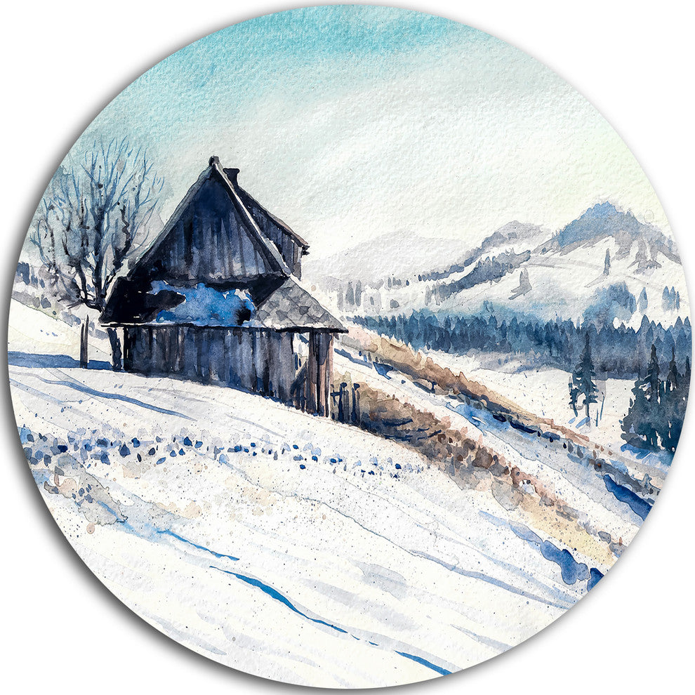 Winter Mountains Watercolor, Landscape Painting Disc Metal Artwork, 38"