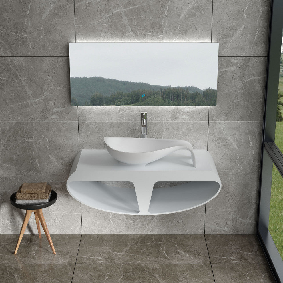 43" Polystone Wall Mounted Vanity Only Sink, Matte White, No Sink