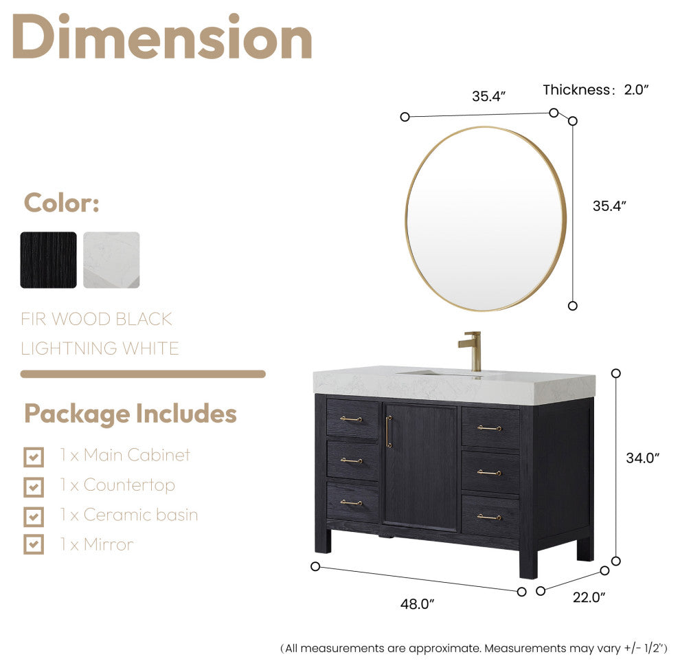 Leon Bath Vanity With Composite Stone Top, Fir Wood Black, 48", With Mirror