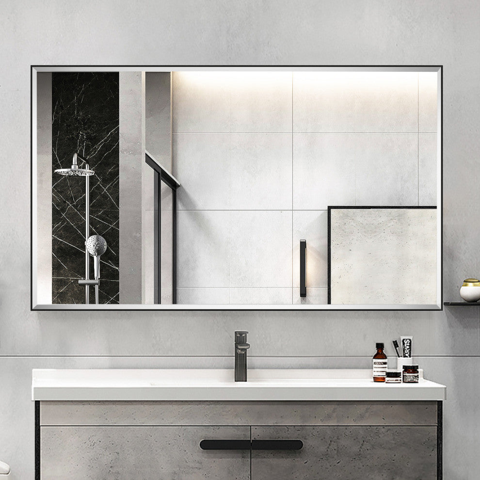 Metal Framed Rectangle Beveled Edge Wall Mirror Bathroom Vanity Mirror, Black, 24"x40"