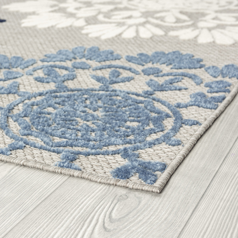 Octavia Modern Floral Area Rug, Blue & Gray, 8'10" X 12'2"