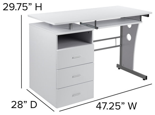 Computer Desk With 3-Drawers and Pull-Out Keyboard Tray, White