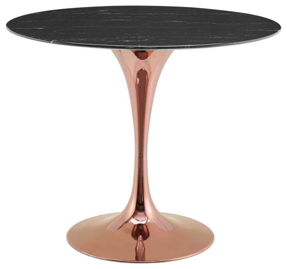Dining Table, Round, Artificial Marble, Metal, Rose Gold Black, Modern, Bistro