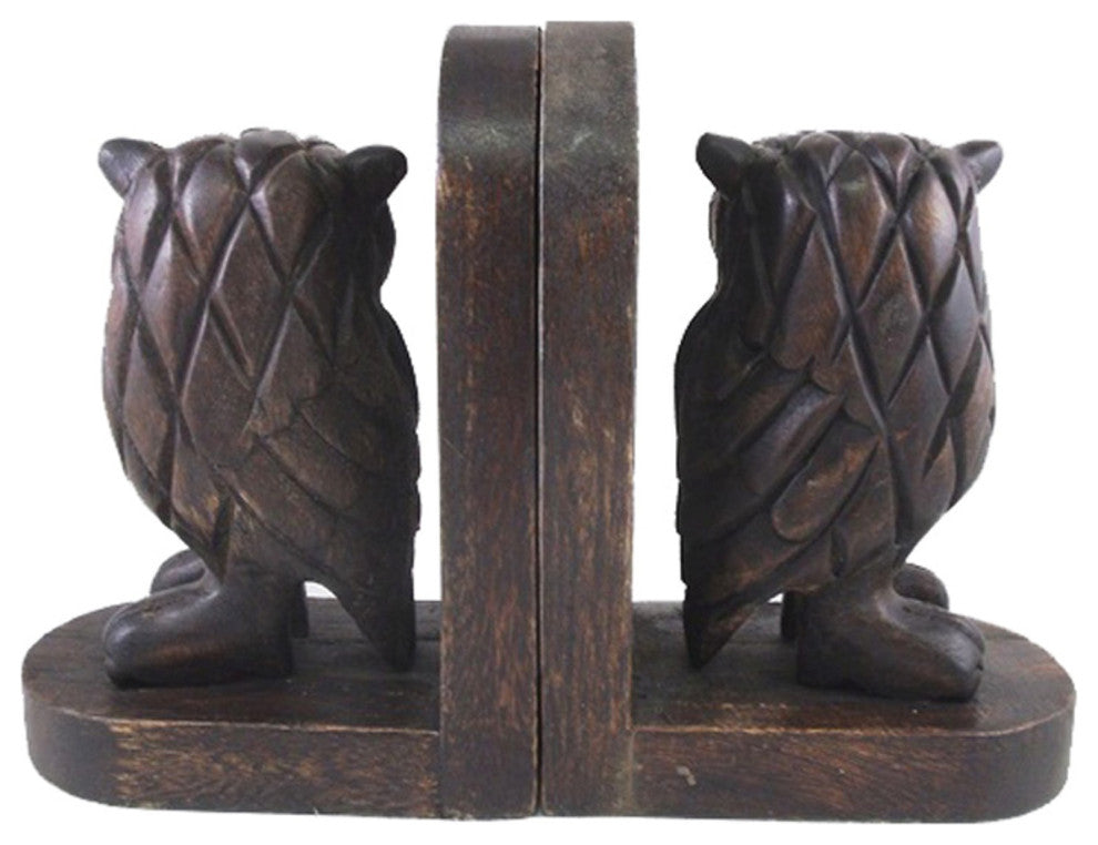Carved Owl Stained Wooden Bookends Library Desk Shelf Decor