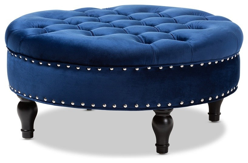 Transitional Blue Velvet Fabric Upholstered Button Tufted Cocktail Ottoman