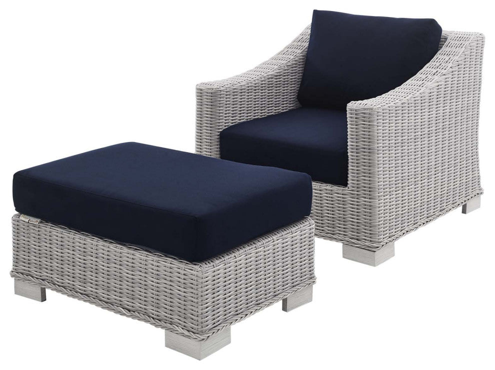 Lounge Chair and Ottoman, Sunbrella, Rattan, Gray Blue Navy, Outdoor