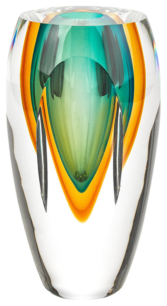 Badash J517 Rimini Murano Style Art Glass Amber/Green 8" Vase