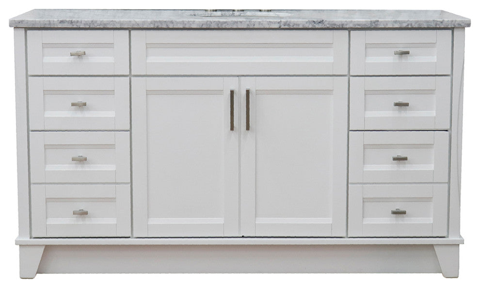 61" Single Sink Vanity, White Finish And White Carrara Marble And Oval Sink