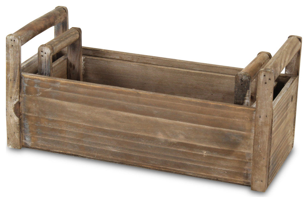 Distressed Wooden Ledge Planters With Handles, Set of 2