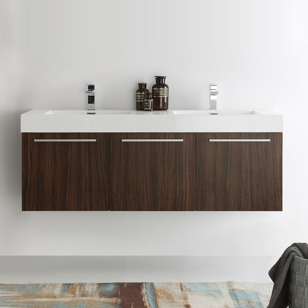 Fresca Vista 60" Walnut Wall Hung Double Sink Cabinet With Integrated Sink