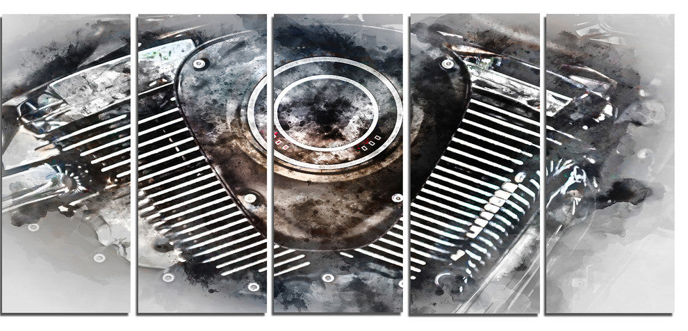 Motorcycle Engine Watercolor, Contemporary Canvas Art Print, 60"x28", 5 Panels