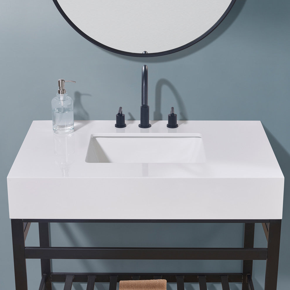 Edolo Engineered Stone Vanity Top, Snow White Apron With White Sink, 36"