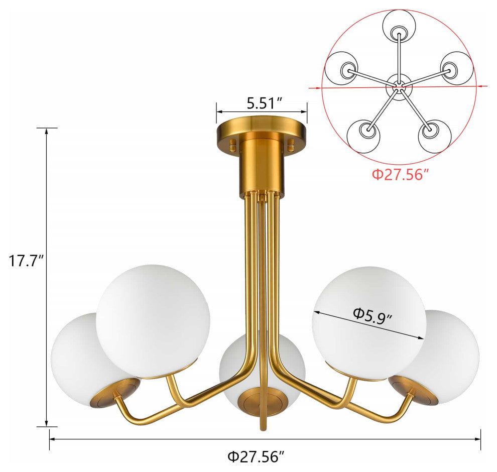 Mid-Century Modern Gold Ceiling Light Globe Chandelier, 5-Light