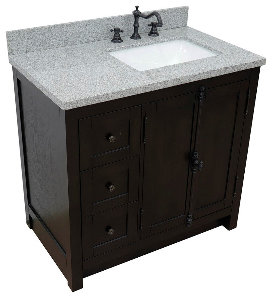 37" Vanity, Brown Ash With Gray Granite Top, Right Doors/Right Rectangle Sink